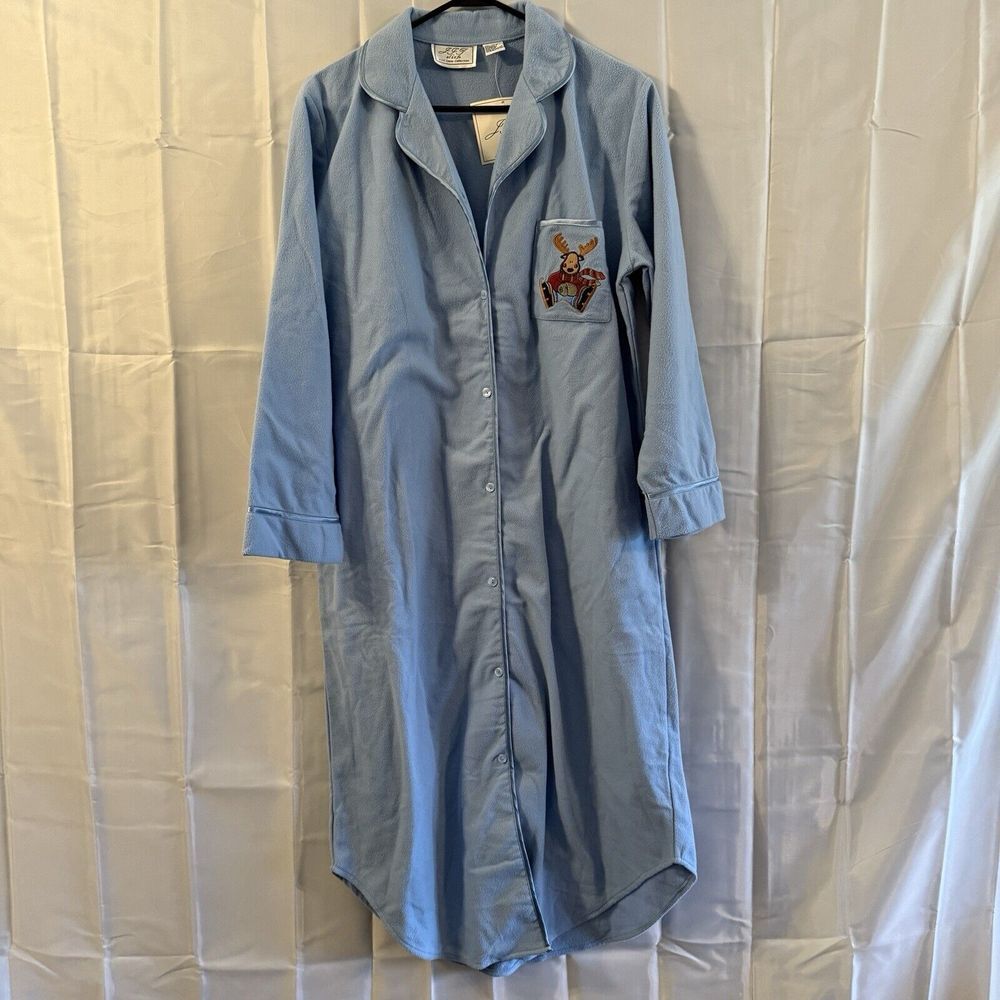 J I T Sleep Collection Womens Long Blue Fleece Robe House Coat Moose‎  M NWT New